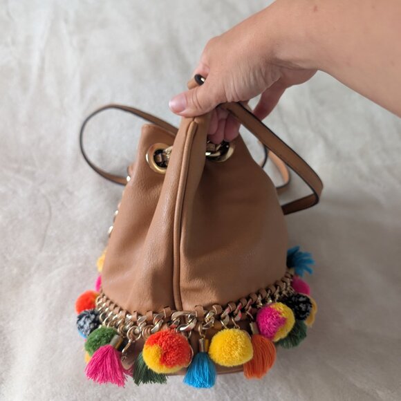 ALDO pom pom tassel bucket purse - tan and colorful - Picture 6 of 12